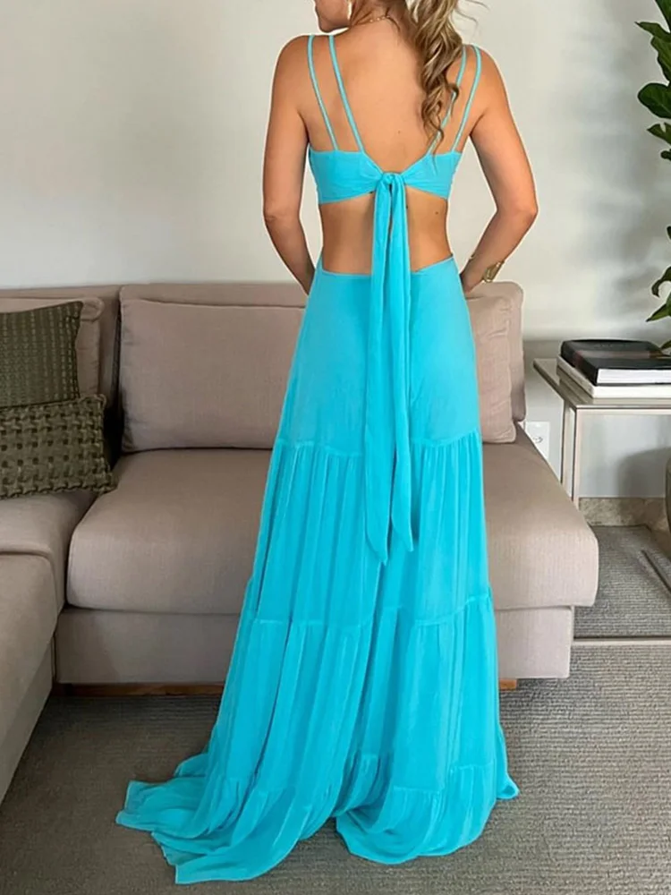 Sexy Backless Cutout Spaghetti Strap Women Maxi Party Dress