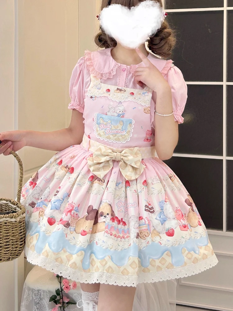 اليابانية الحلو لطيف الكرتون طباعة لوليتا JSK فساتين مطرزة الدانتيل عالية الخصر القوس حزام سليم قصير Kawaii فستان المرأة الصيف #2