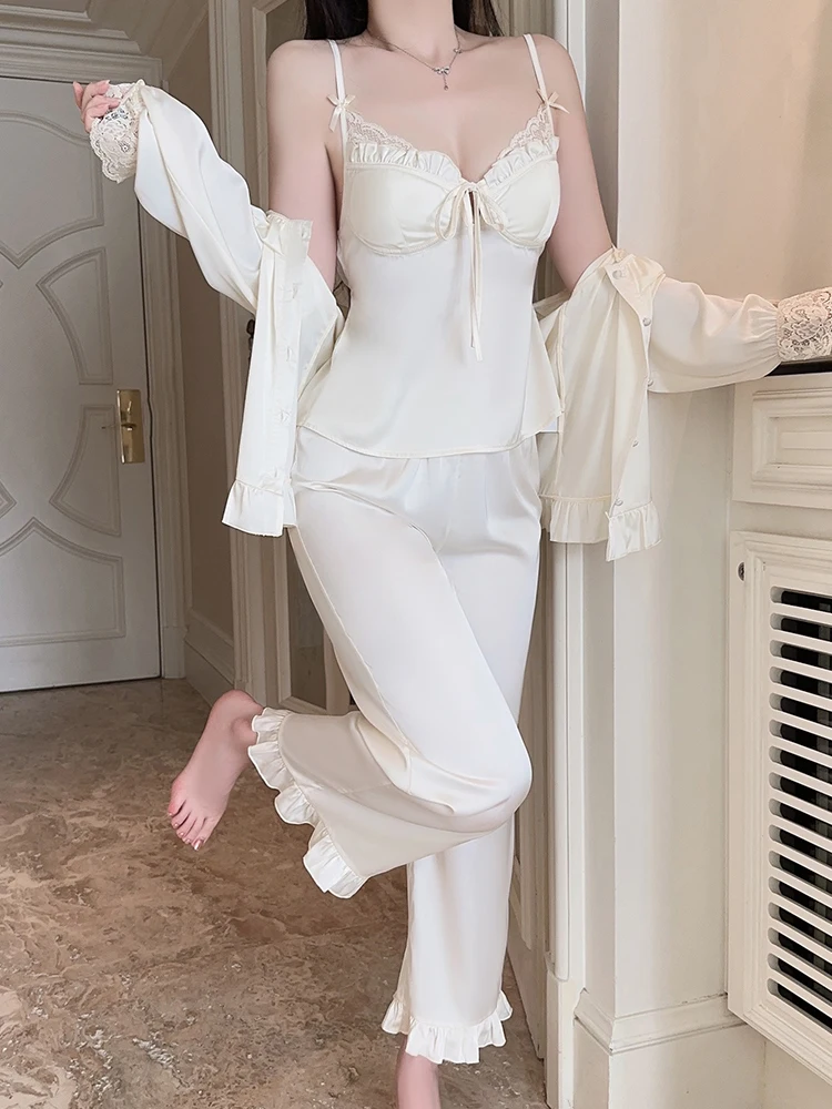 

Women's 3-Piece Sleepwear Set Ice Silk Deep V Neck Padded Strap Long Pants Robe Outerwear Comfortable Private Home ClothesXK5268