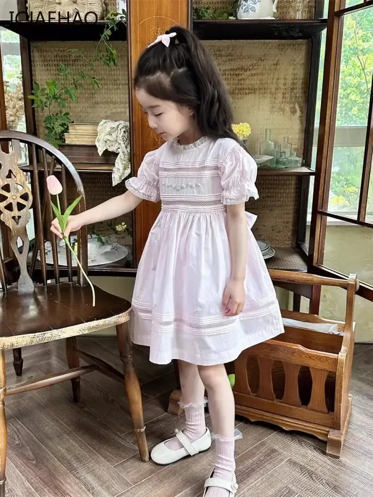 2025 baru buatan tangan bunga bordir renda manis Smocking A-Line lengan pendek gaun anak perempuan rok elegan anak-anak