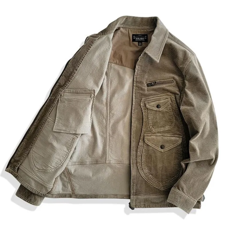 

Amekaji Wear Clothes Men Khaki Corduroy Multi-Pocket Workwear Jacket Coat Japanese-Style Retro Casual