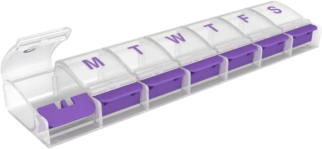 

Weekly 7-Day Pill Organizer, Large Push-Button Compartments, BPA Free, Color Varies