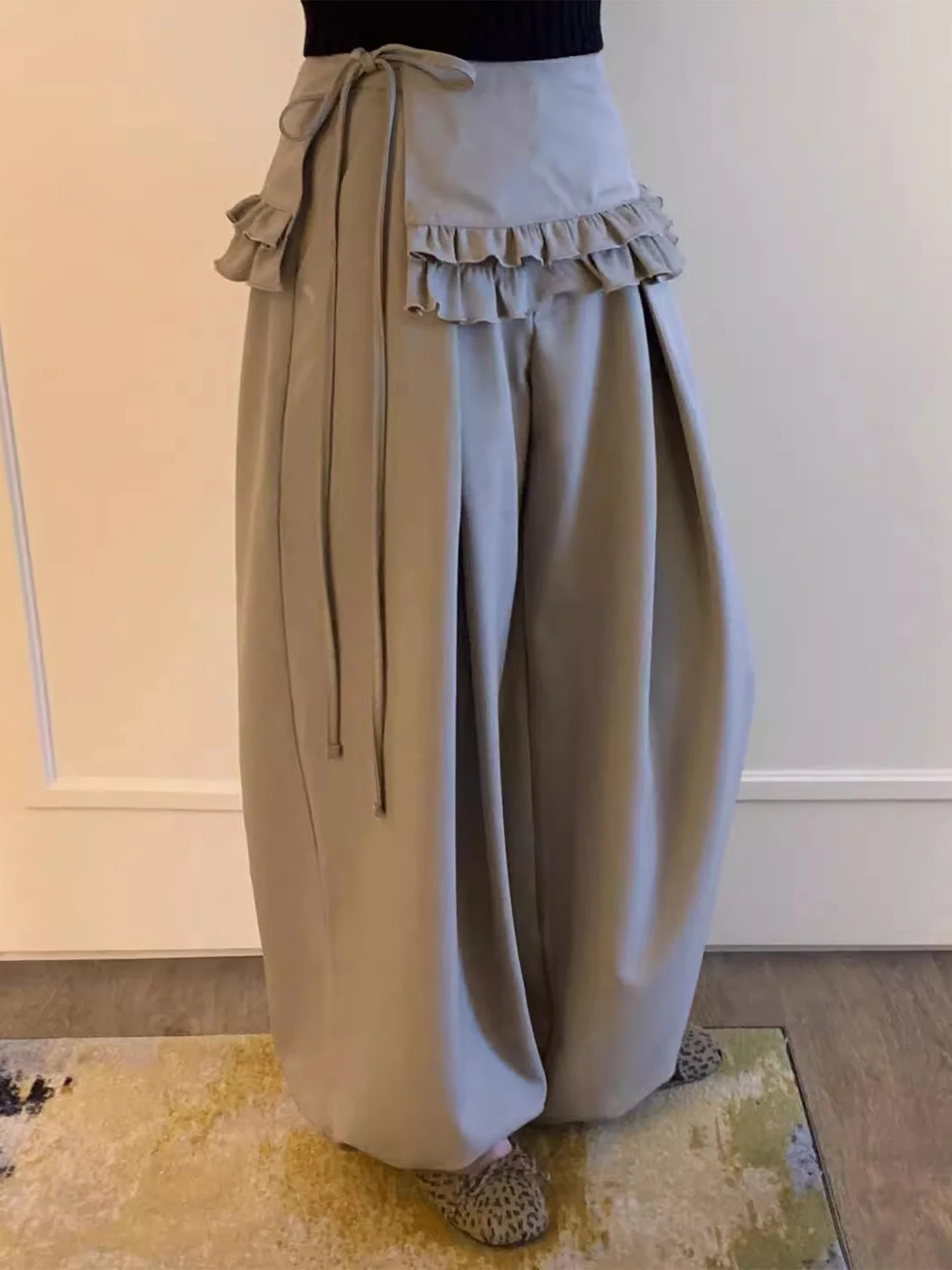 

Шикарные плиссированные длинные брюки с высокой талией, женский комплект с деревянными бантами, осенний модный ансамбль для поездок на работу