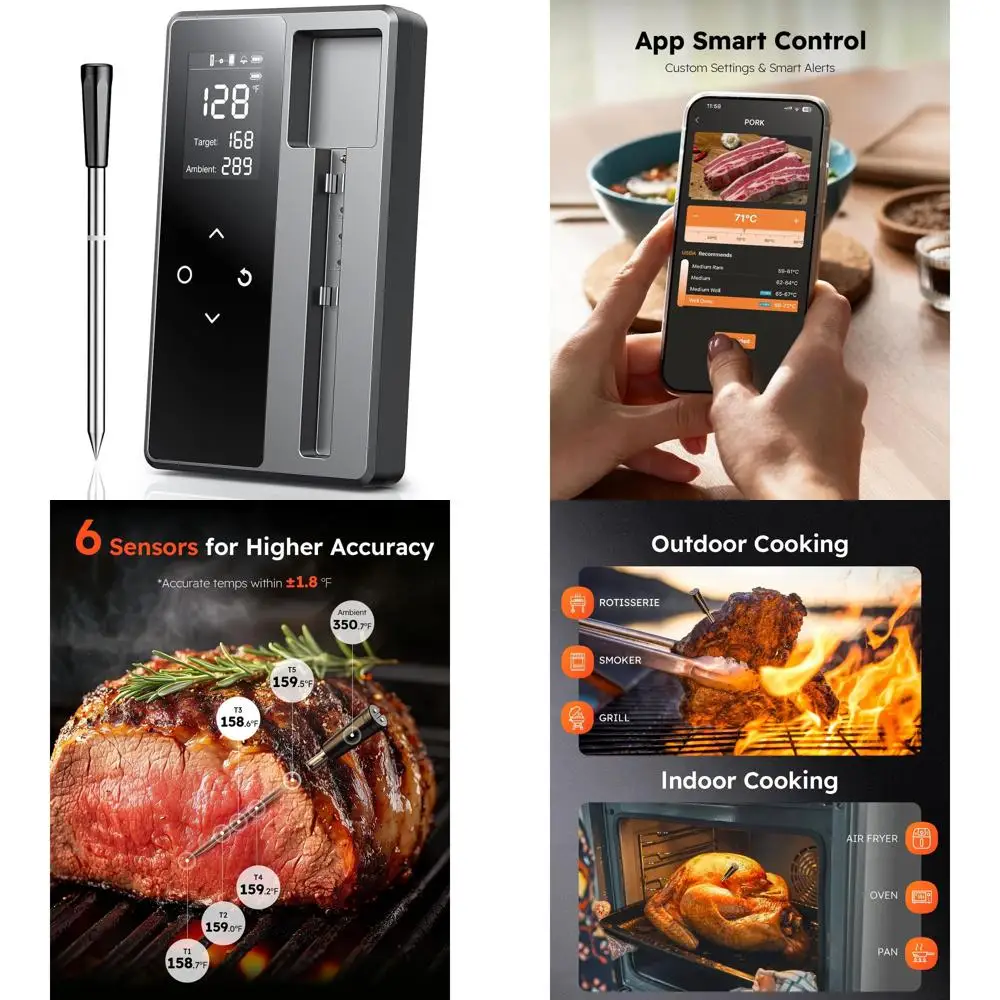 

Беспроводной термометр для мяса Bluetooth — диапазон 600 футов, 6 зондов, мгновенное считывание, ЖК-дисплей, водонепроницаемый, оповещения для барбекю и духовки