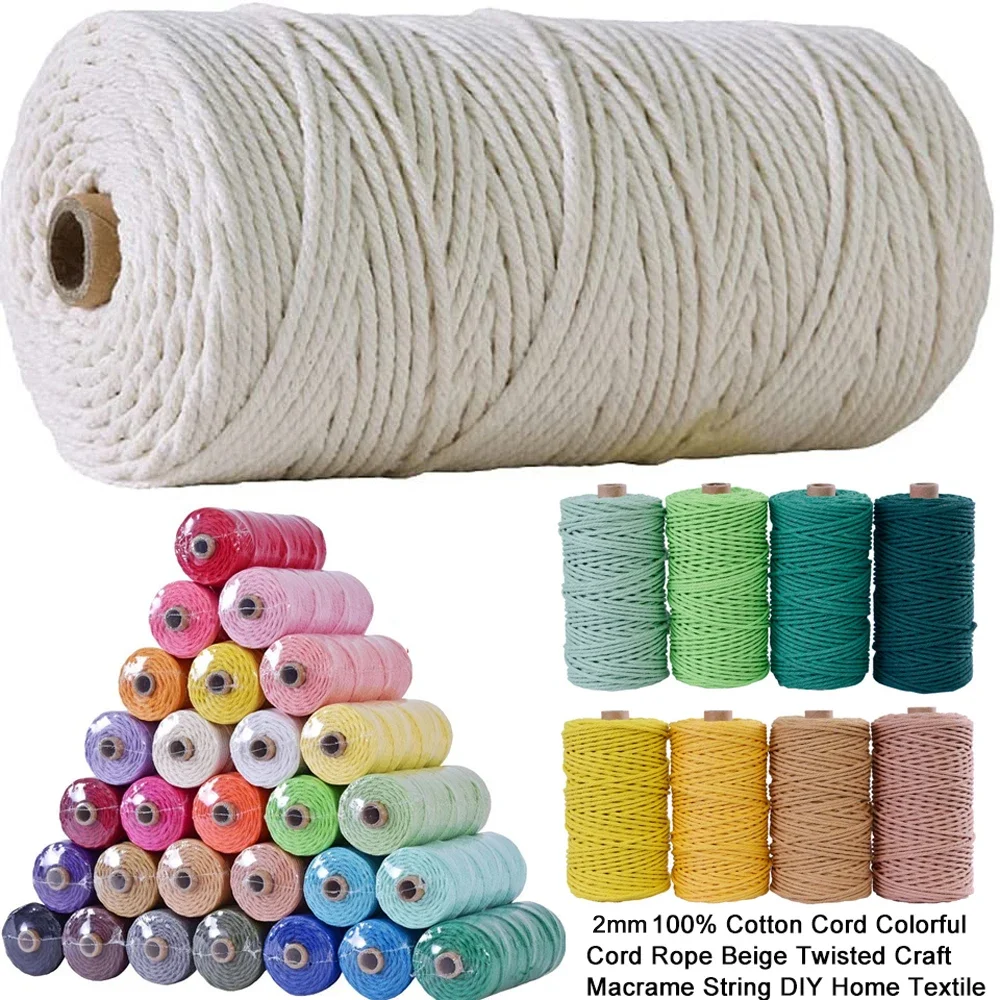 100M/Roll 2mm Cotton Rope Colorful String Thread for Party Wedding Thread DIY Crafts Braided Twisted Cotton Home Textile Decor