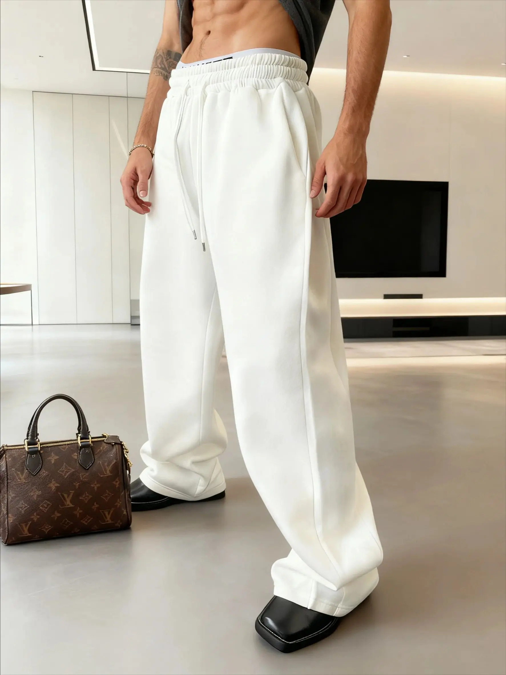 

Men heavy breathable sports jogging pants elastic waist loose straight casual trousers thick men sweater pants Loose sports pant