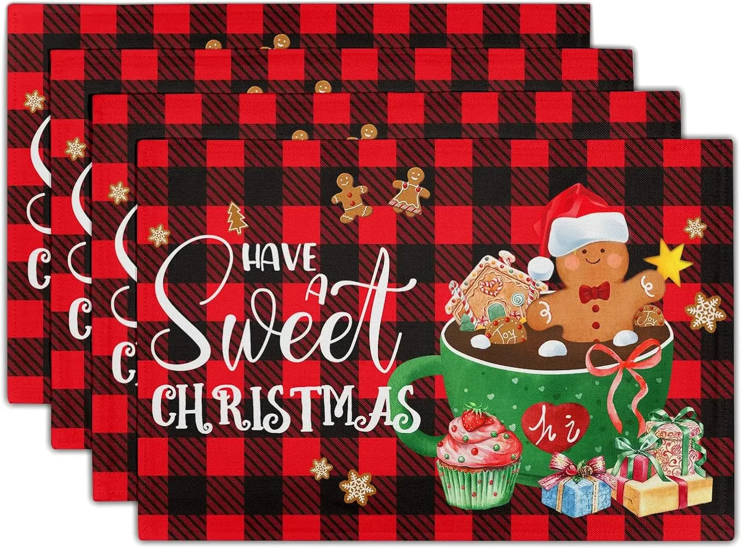 4/6pcs Gingerbread Cocoa Buffalo Plaid Print Single-Sided Christmas Placemat Set for Holiday Table Decor