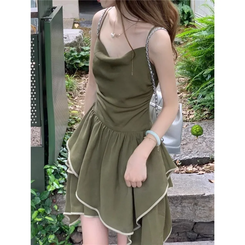 

Shpmishal Green Irregular Strap Dress 2024 Women's Summer New Retro Waistband Design Sense A-line Short Dresses Female Clothing