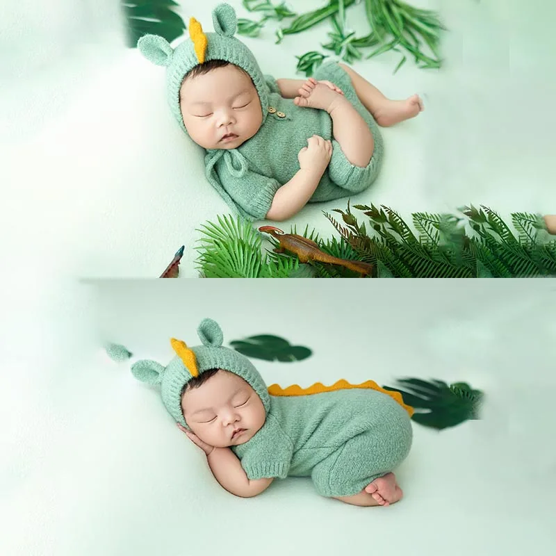 Ropa de fotografía de dinosaurio verde, planta verde, accesorios de muñeca, mono de punto para niños, accesorios de tiro para estudio de bebé