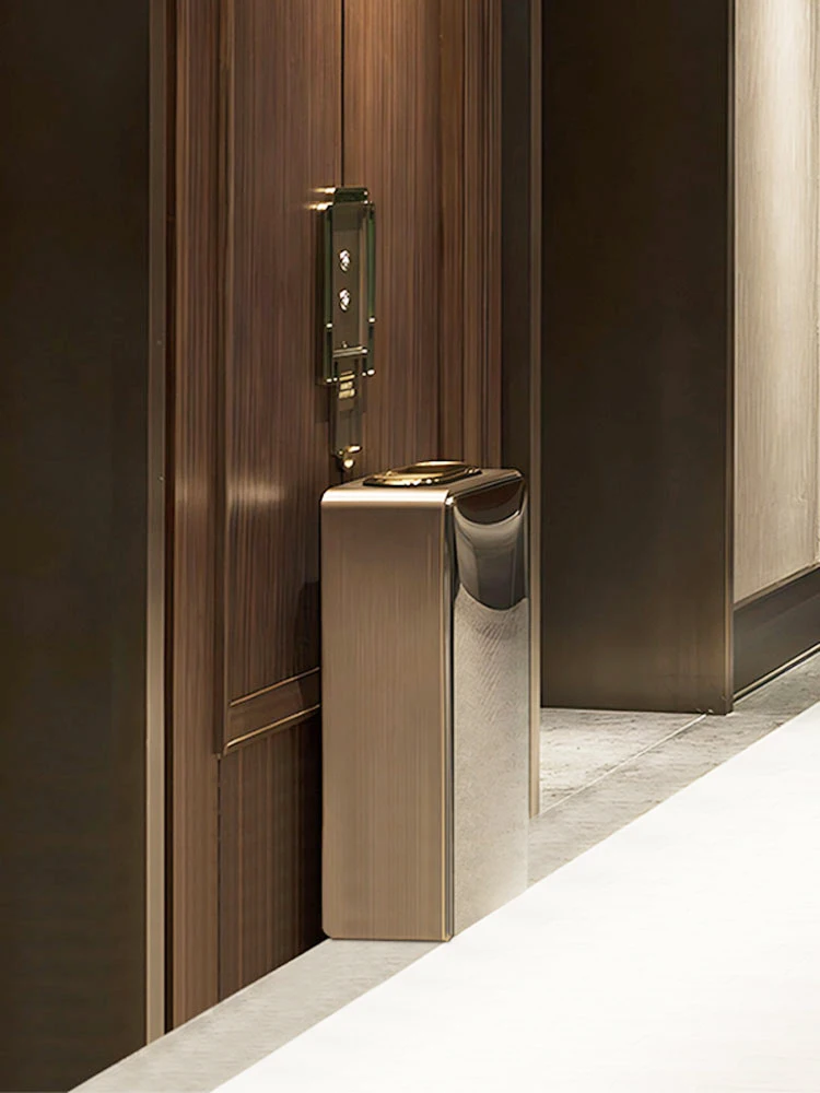 Hotel lobby trash can, vertical commercial, high-end hotel elevator entrance, corridor aisle, stainless steel luxury