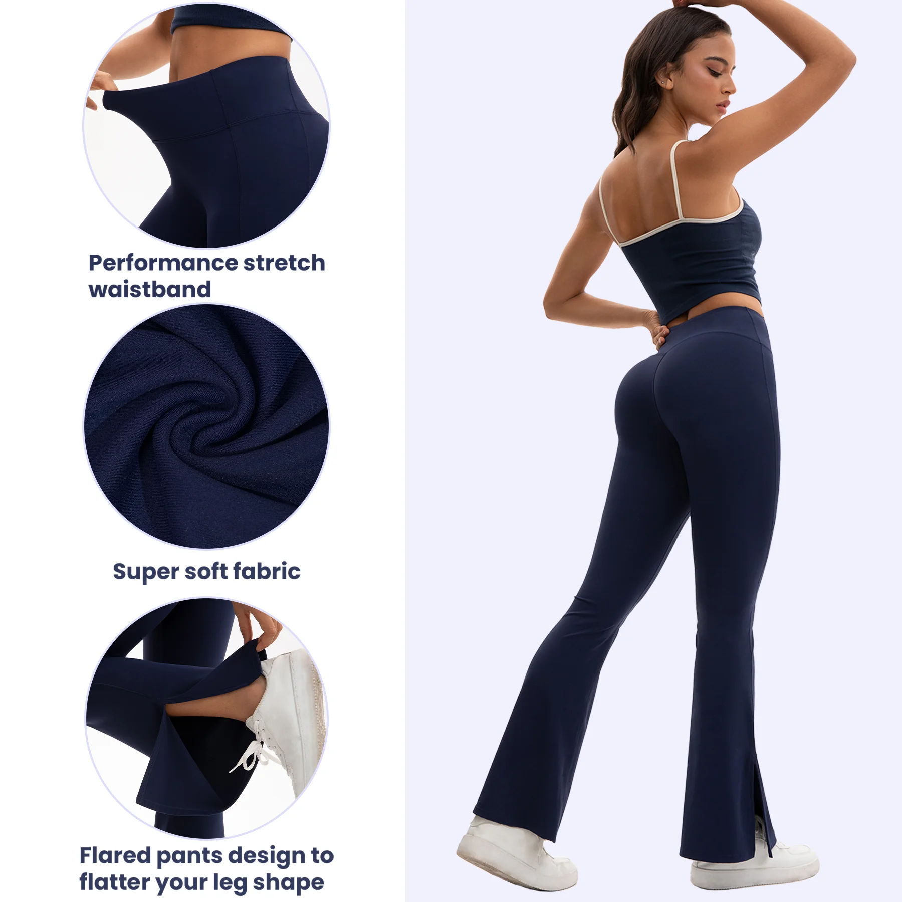 Designer Women's Flared Yoga Pants High-Waist Tummy Control Ankle-Slit Detail Navy Blue Athletic to Street Chic Wear