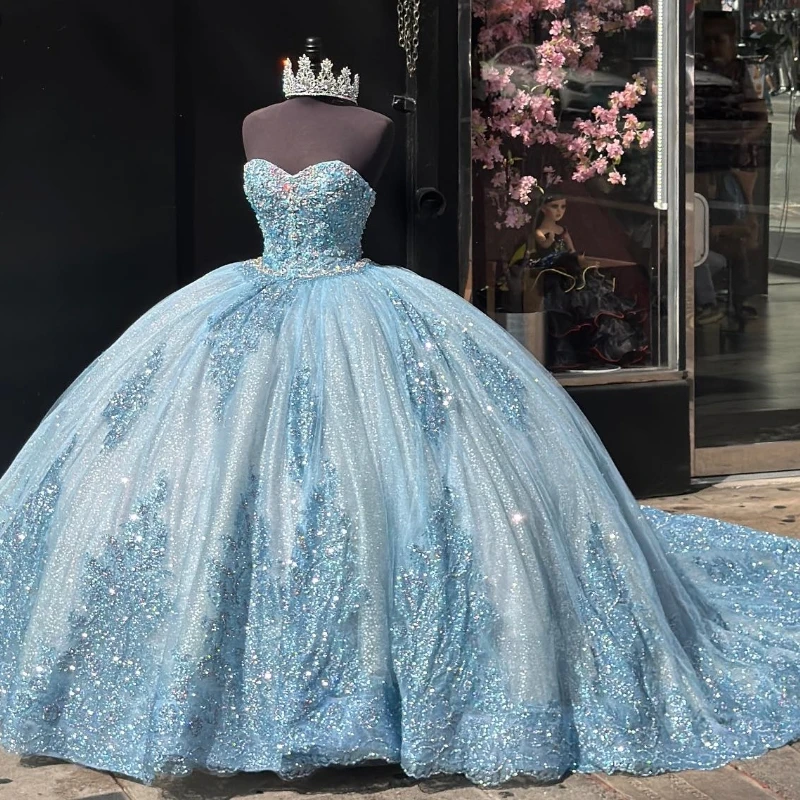 

Luxury Sky Blue Shiny Quinceanrea Dresses 2024 Lace Applique Beads Sweethear Princess Sweet 15 16 Year Birthday Party Gown Gift