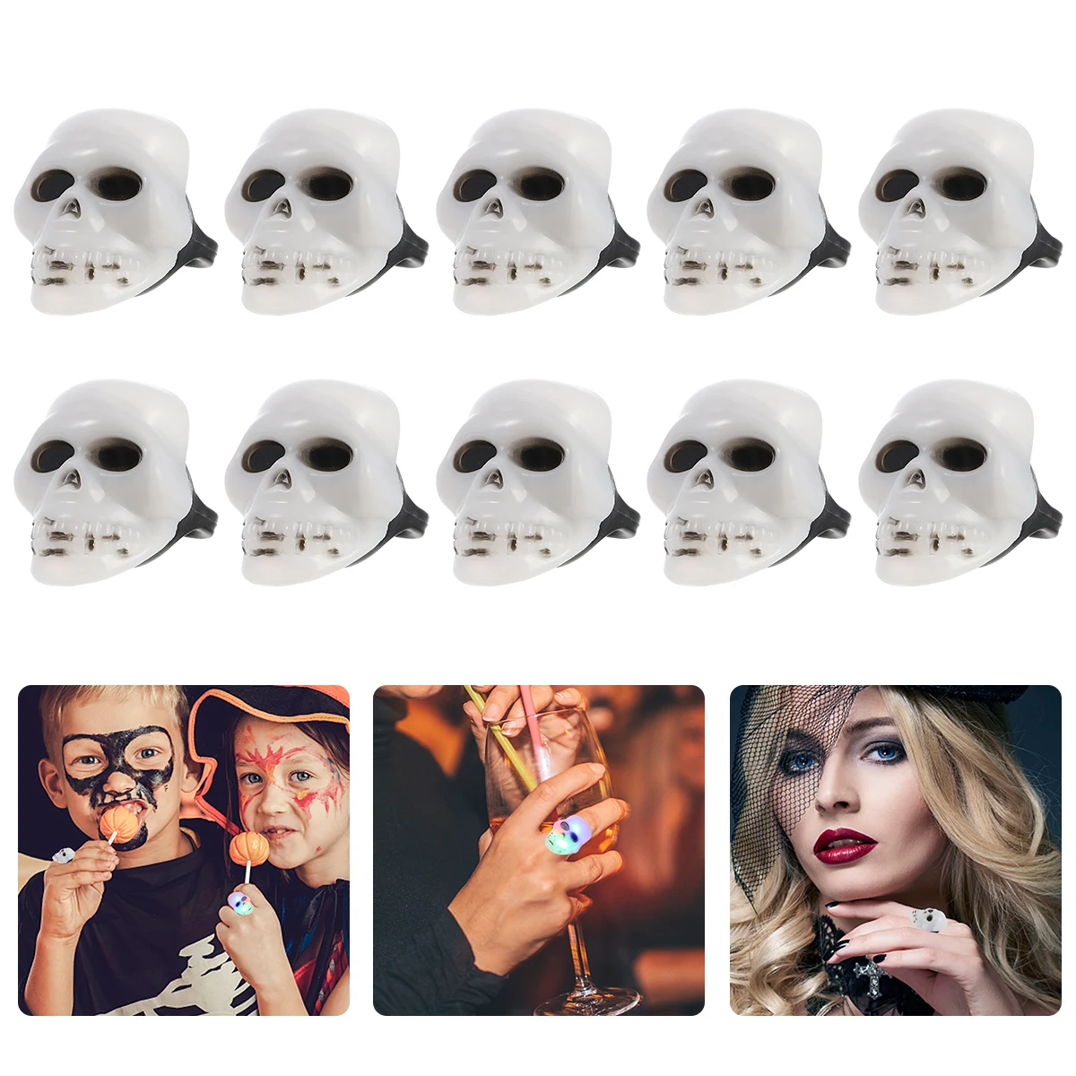 

10pcs LED Luminous Ring Skull Glow Dark Party Accessories Kids Adjustable Size Plastic Decor Finger Ring