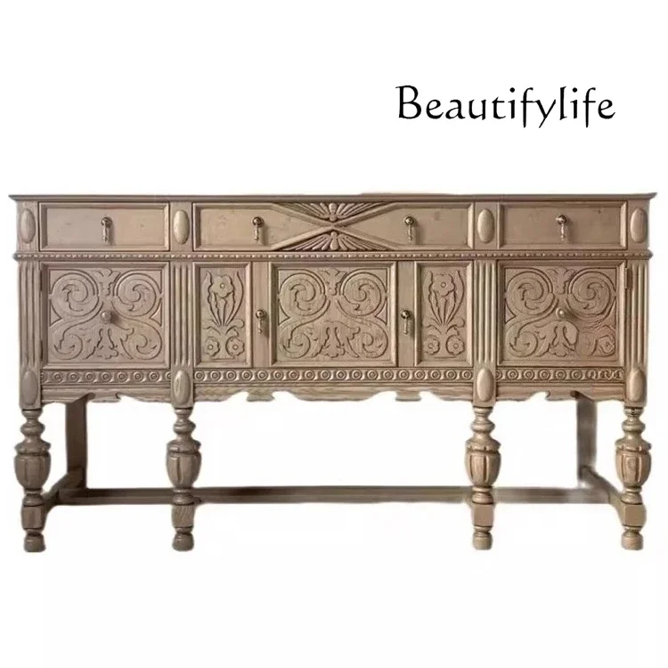 

French retro solid wood porch American old carved dining side cabinet entry foyer wall storage decorative cabinet