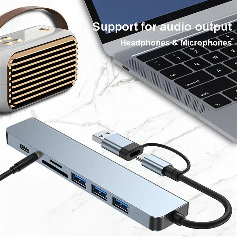 8 in 2 USB 3.0 Type C HUB Docking Station with 3.5mm Audio Jack Adapter Micro SD Card Reader Laptop Tablet Phone Disk Converter