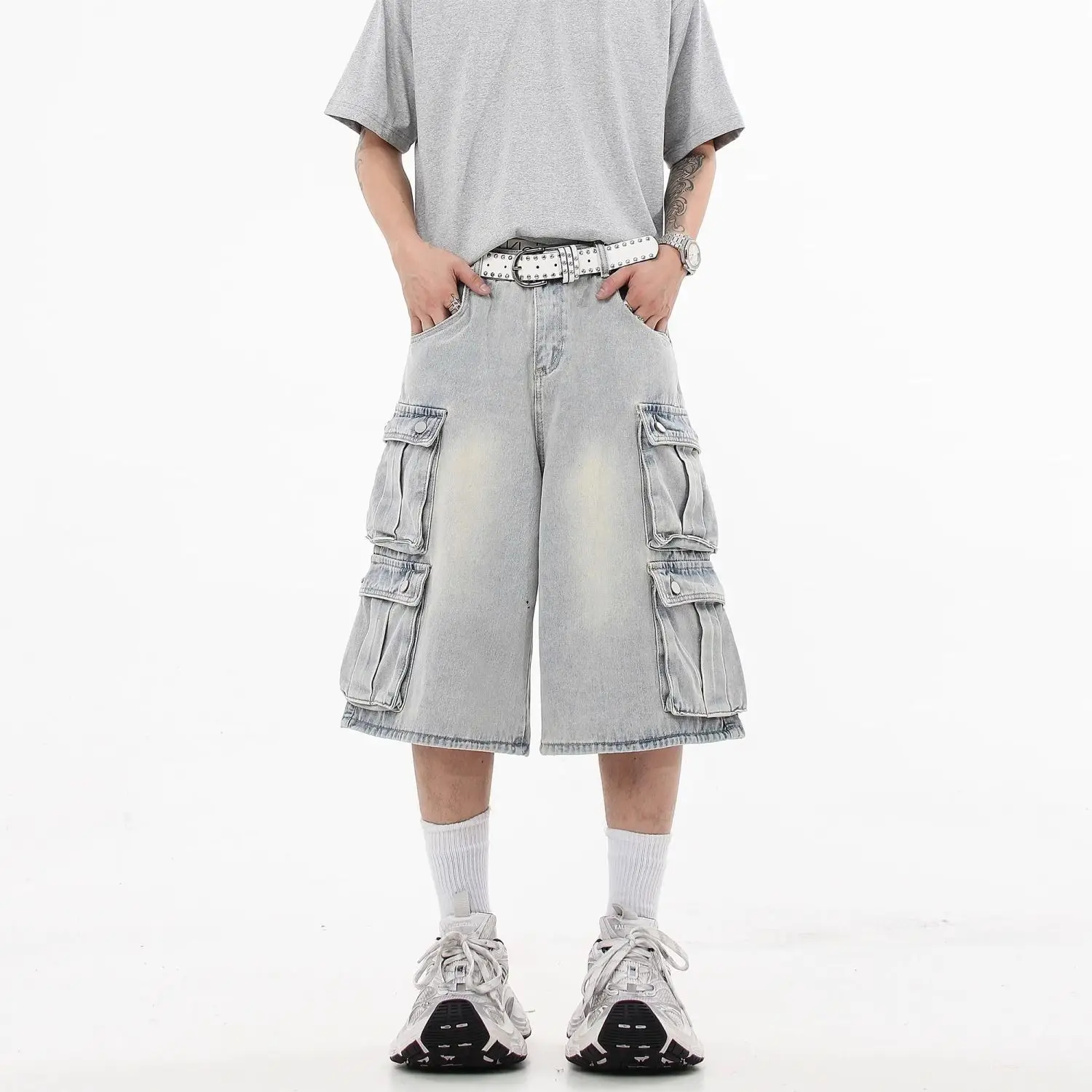 Pants  Trend Pockets Tooling Denim Shorts Men's Summer Thin Loose Retro Seven-point Pants