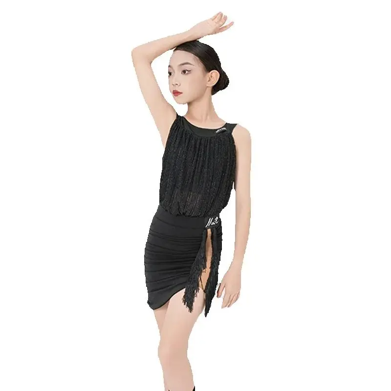 Fashion Latin Dance Competition Clothing Children'S Ballroom Dance Costume Girls Black Latin Dance Tassels Dresses SL13906