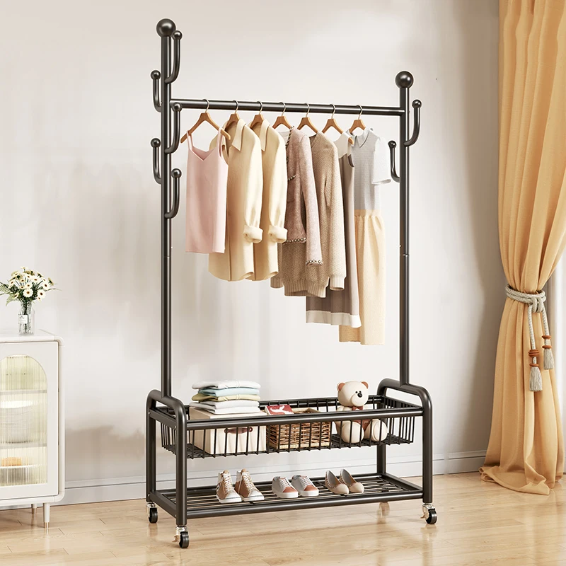 Movable Clothes Rack Floor Hanger Stand Storage Wardrobe Hat Stand Storage Box Bedroom Furniture perchero de pie Coat Rack Hook