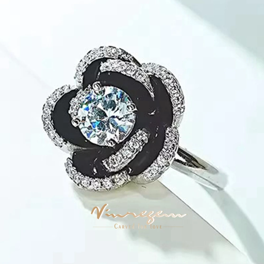 Vinregem 6.5MM Round Cut Lab Created Sapphire Gemstone Flower Ring for Women 925 Sterling Silver Fine Jewelry Wedding Party Gift