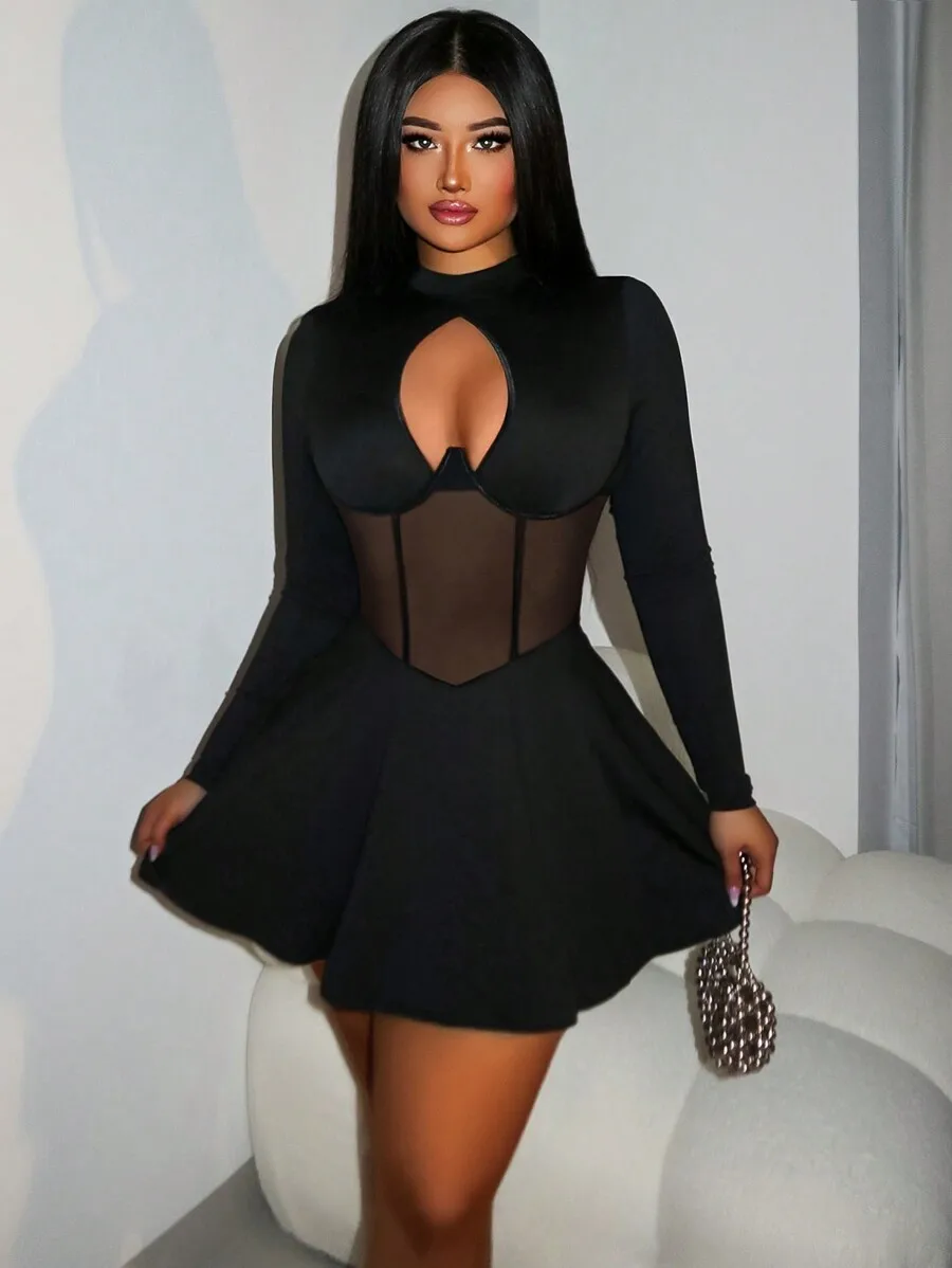 Women Black Long Sleeve Sheer Mesh Cut Out Mini Dress For Party Night Out view 3