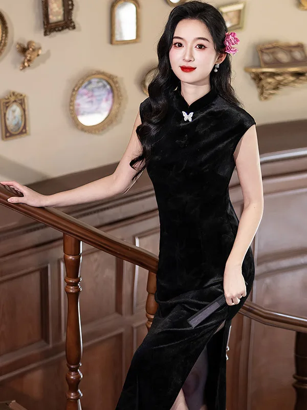 

Bla Velvet Chinese Sle Long Svel New Version Qipao Young Women's Waist-Cinched Dr Vintage Sle Daily Wear