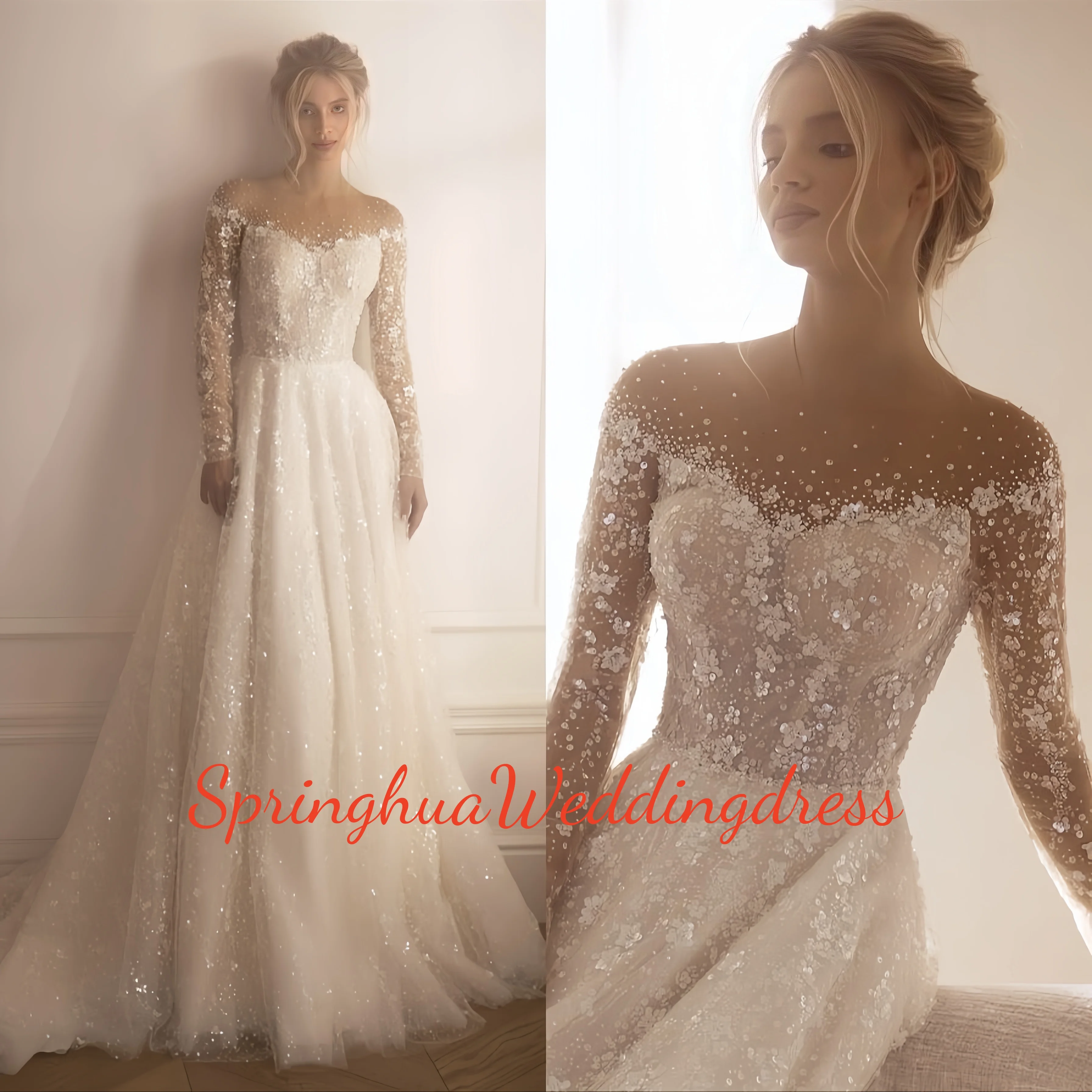 

Высококачественные свадебные платья с круглым вырезом, блестящими пайетками на заказ и свадебные платья в церковном фойе с длинными рукавами