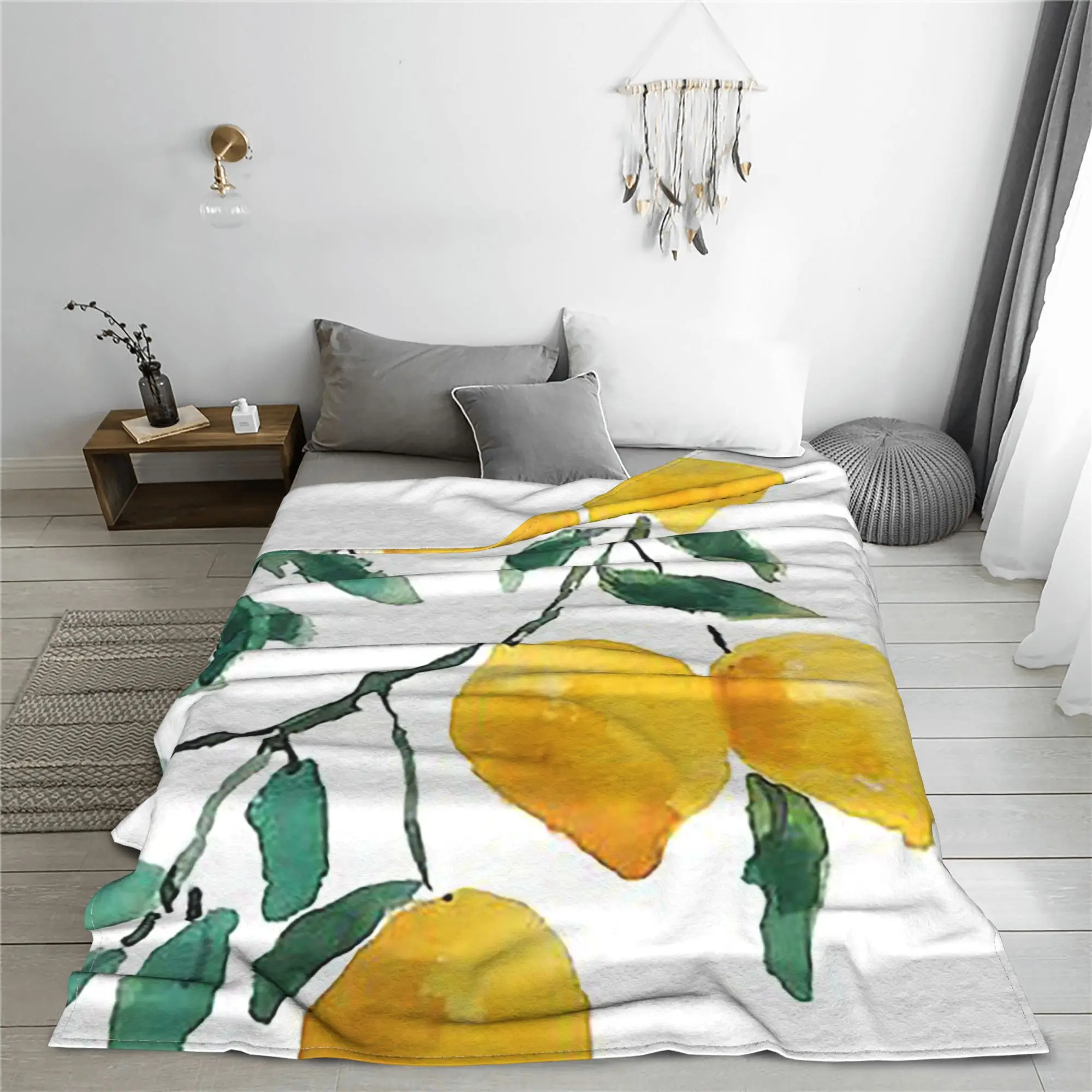 hand painted yellow lemon watercol Blanket Lightweight Flannel Throw Blanket for Home Bedroom Outdoor Throws Bedspread Quilt