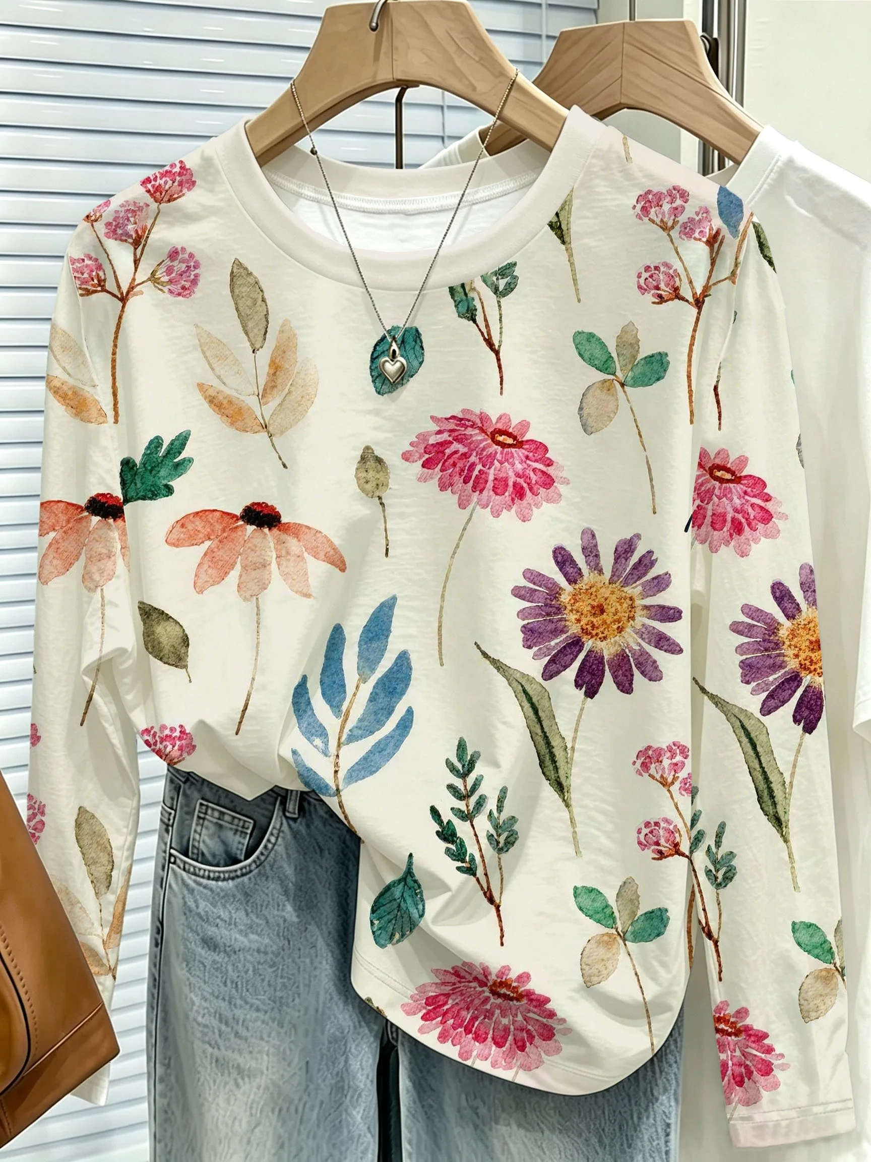 2026 Women T‑shirt Watercolor Floral Allover Print Crew Neck Long Sleeve Autumn Winter Casual Tee Top Women's Clothes