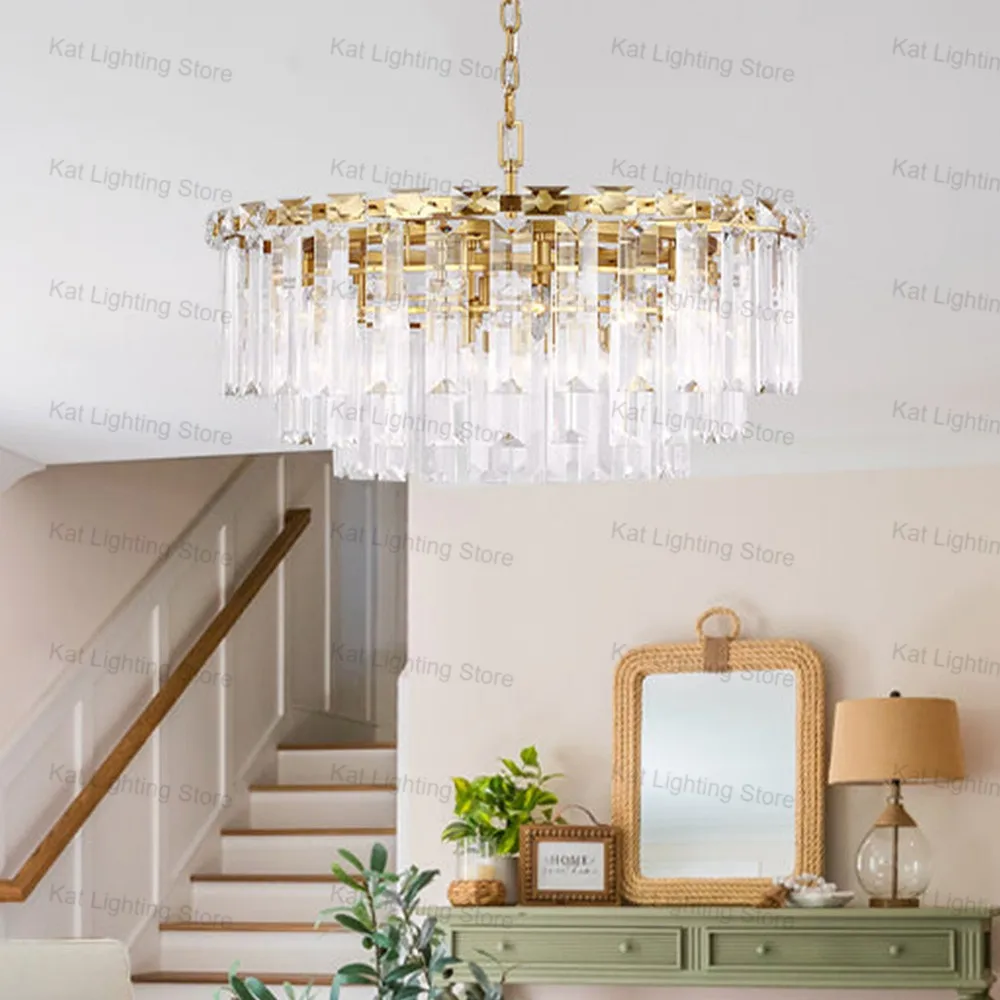 

2025 Crystal Chandelier E12 Bulbs Adjustable Chain Round Pendant Lamp in Brass Black Silvery Dimmable Lustre for Hotel Villa