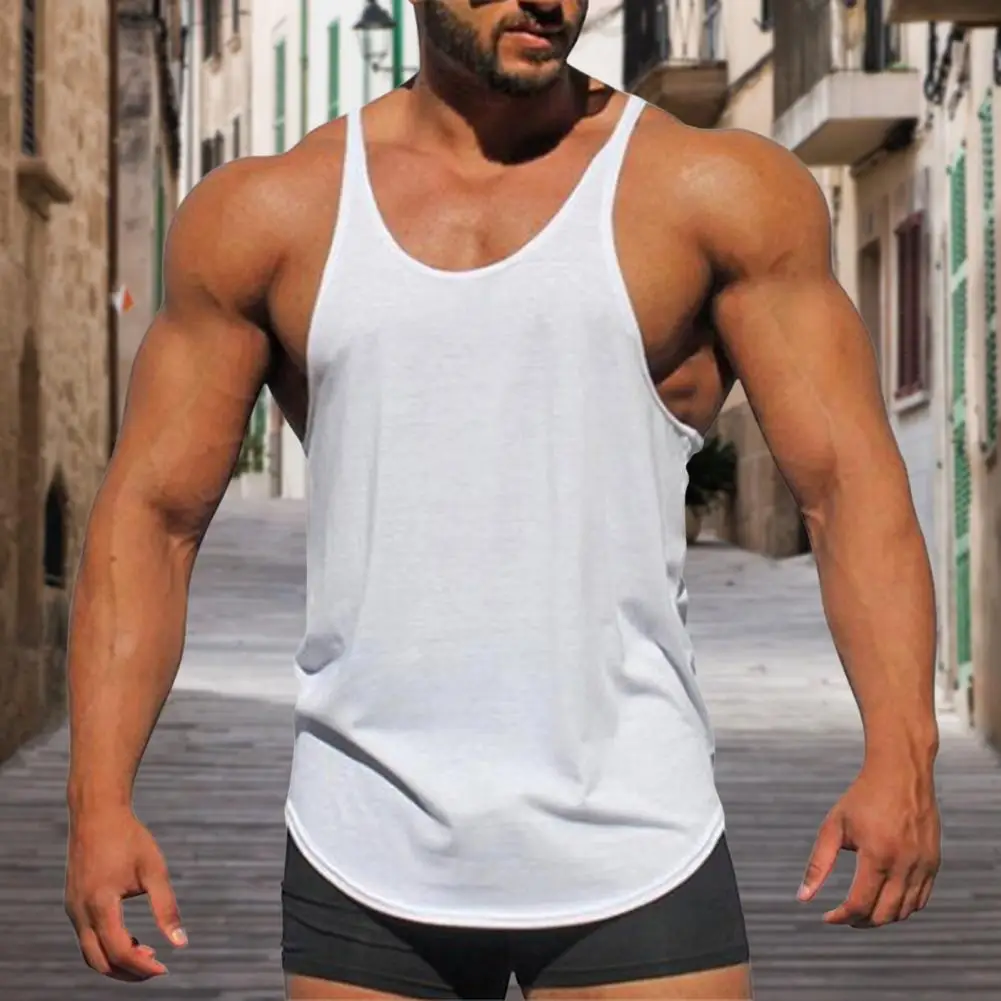 

Men Solid Color Sport Vest O-Neck Sleeveless Racerback Design Bodybuilding Fitness Vest Spaghetti Straps Tops