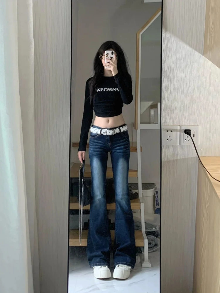 

Джинсовые джинсы-колокольчики с низкой талией, женские эластичные брюки-копыта в американском стиле, осенние новые джинсы больших размеров