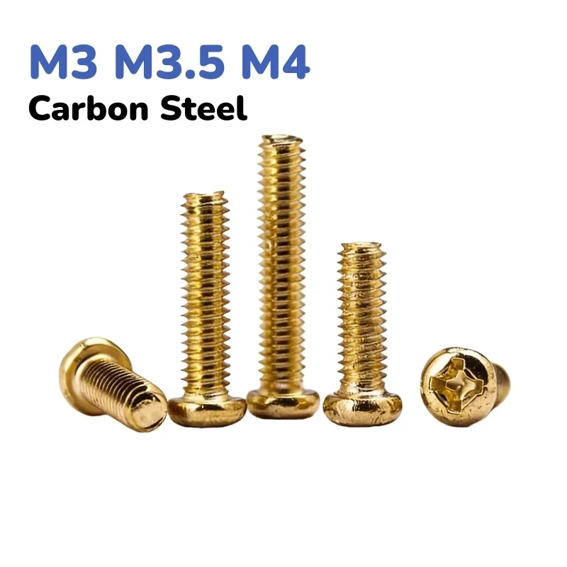 Gold Plated Carbon Steel Phillips Cross Round Head Screws M3 M3.5 M4 Metric Bolts Length 4-20mm
