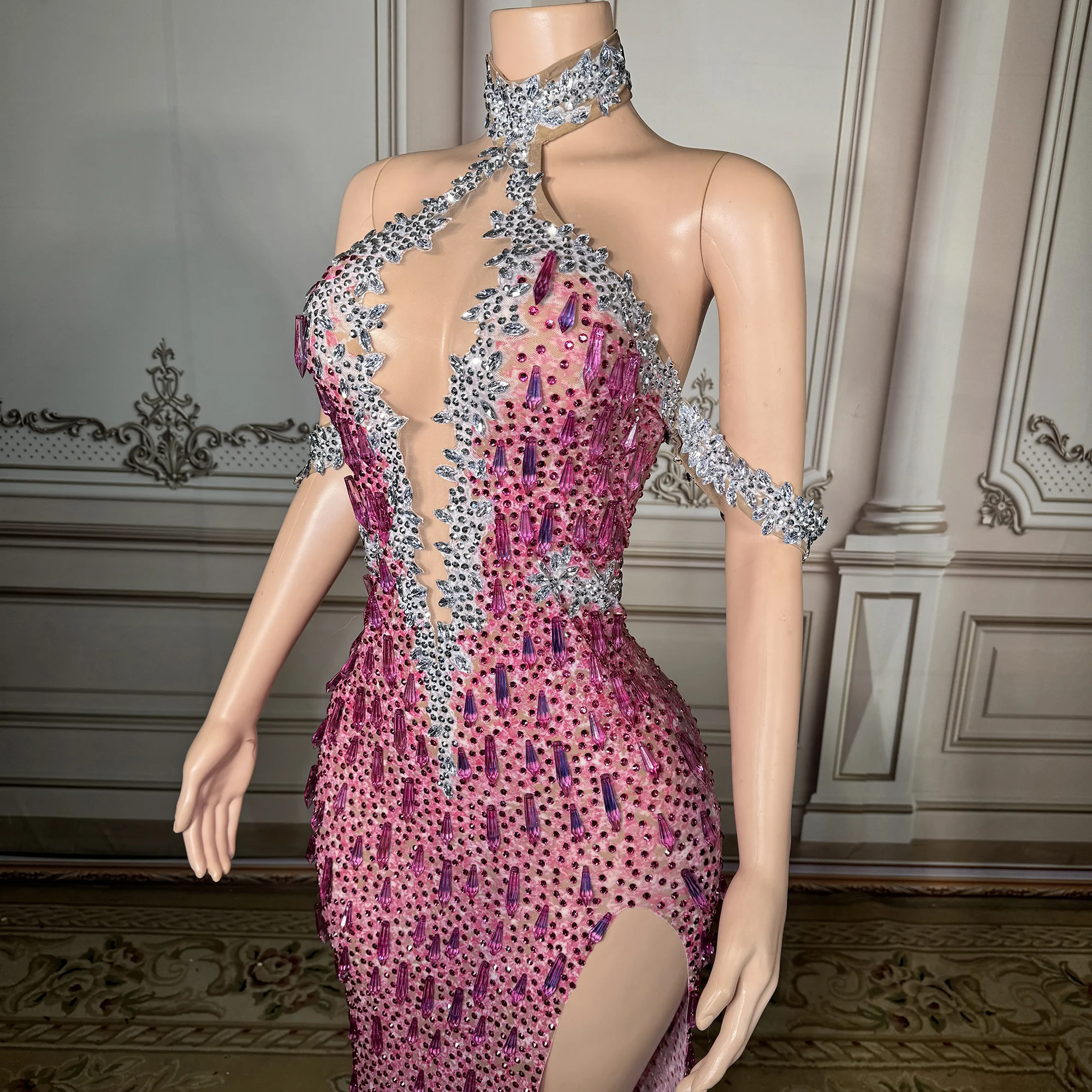 ZD مثير عميق الخامس الرقبة الرسن ثوب مسائي مع شبكة شفافة وأحجار الراين تألق بالإضافة إلى حجم فستان السيدات حجر الراين #5