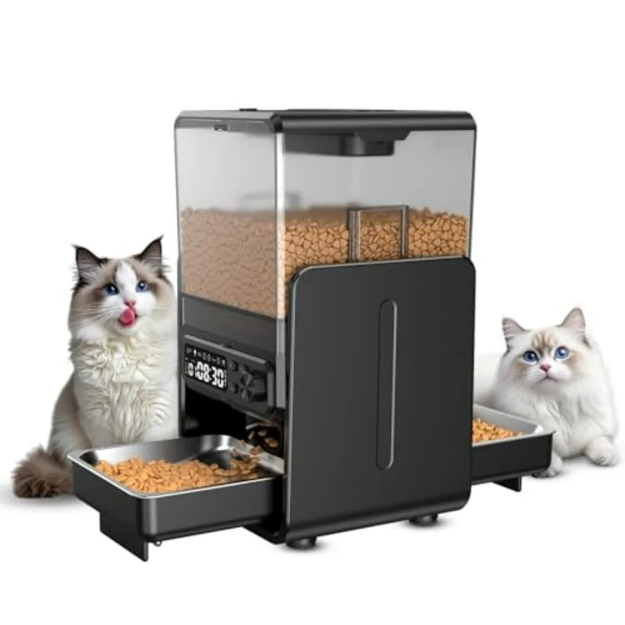 

Automatic Cat Feeder for 2 Cats, 5L/20 Cups Food Dispenser with Adjustable Raised Double Bowls, Detachable Control Panel, Timed