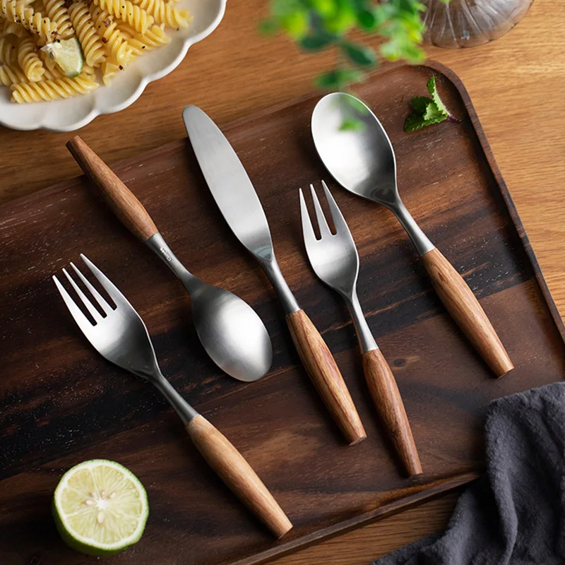 Premium 3/5Pcs 304 Stainless Steel Western Cutlery Set Wooden Handle Dinner Fork Knife Matte Flatware Dinnerware Tableware