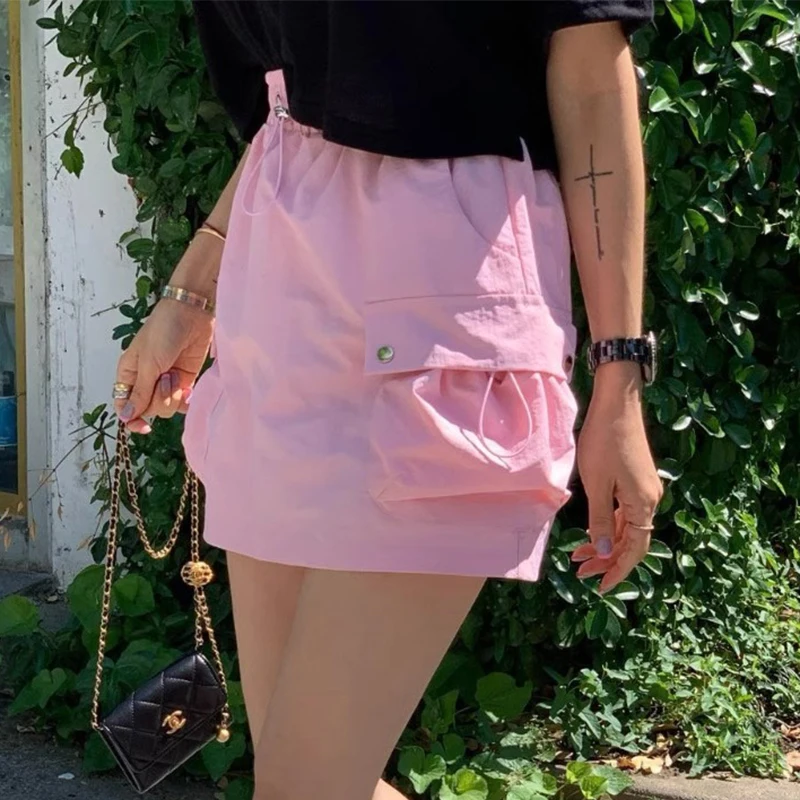 달콤한 세련된 여름 탄성 허리 작업 스커트 미니 스커트 여성 하이 웨이스트 포켓 디자인 한국 스타일 통근 짧은 스커트