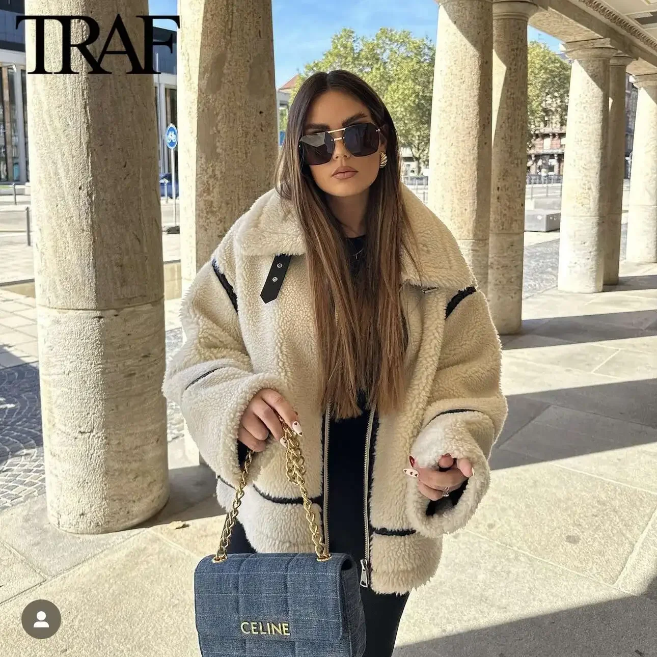 TRAF Faux Fur Jacket for Women Fashion Winter New Solid Color Long Sleeved Lapel Zip Pocket Warm Thick Jackets Short Coats