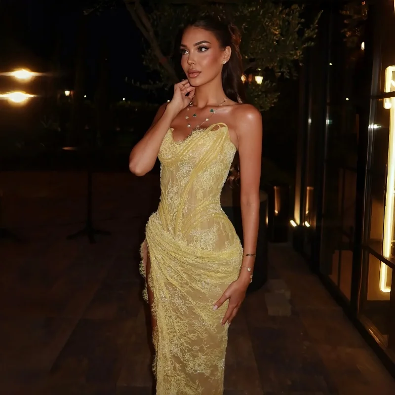 

Customized Yellow Mermaid Lace Embroidery Prom Dresses Sequins Sleeveless vestidos de noiva Side High Split Formal Evening