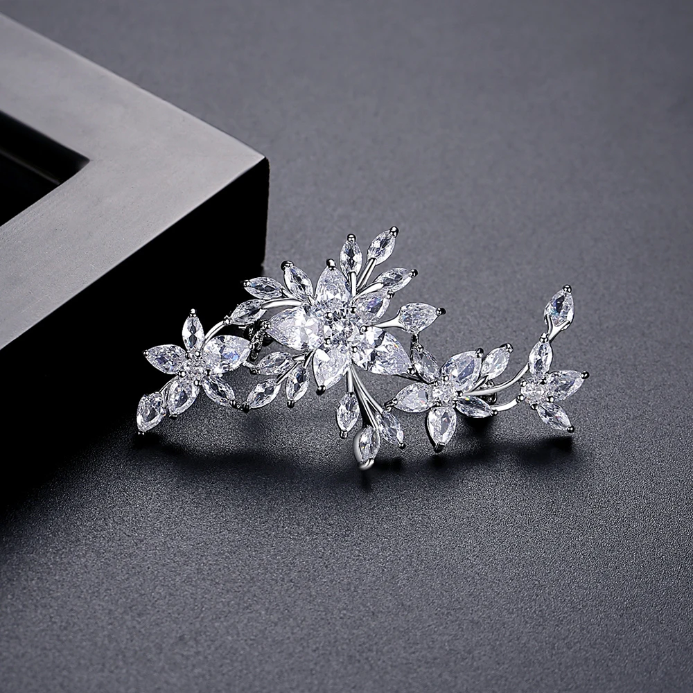 LUOTEEMI Cubic Zirconia Flower Brooches Stylish Large Luxury CZ Women Wedding Cloth Brooch Clip Pin Bridal Jewellery Anniversary