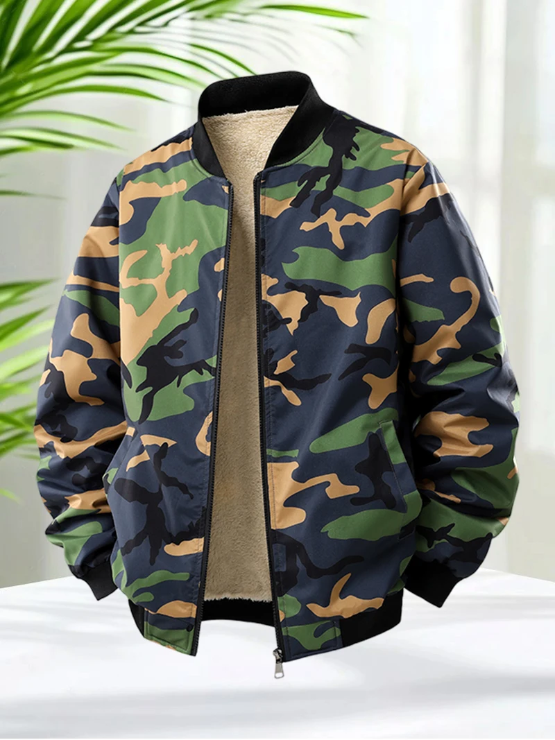 

Camouflage Bomber Jacket Men with Faux Fleece Lined Keep Warm Thicken Outerwear Coats Military Stylish Casual Jacket Men