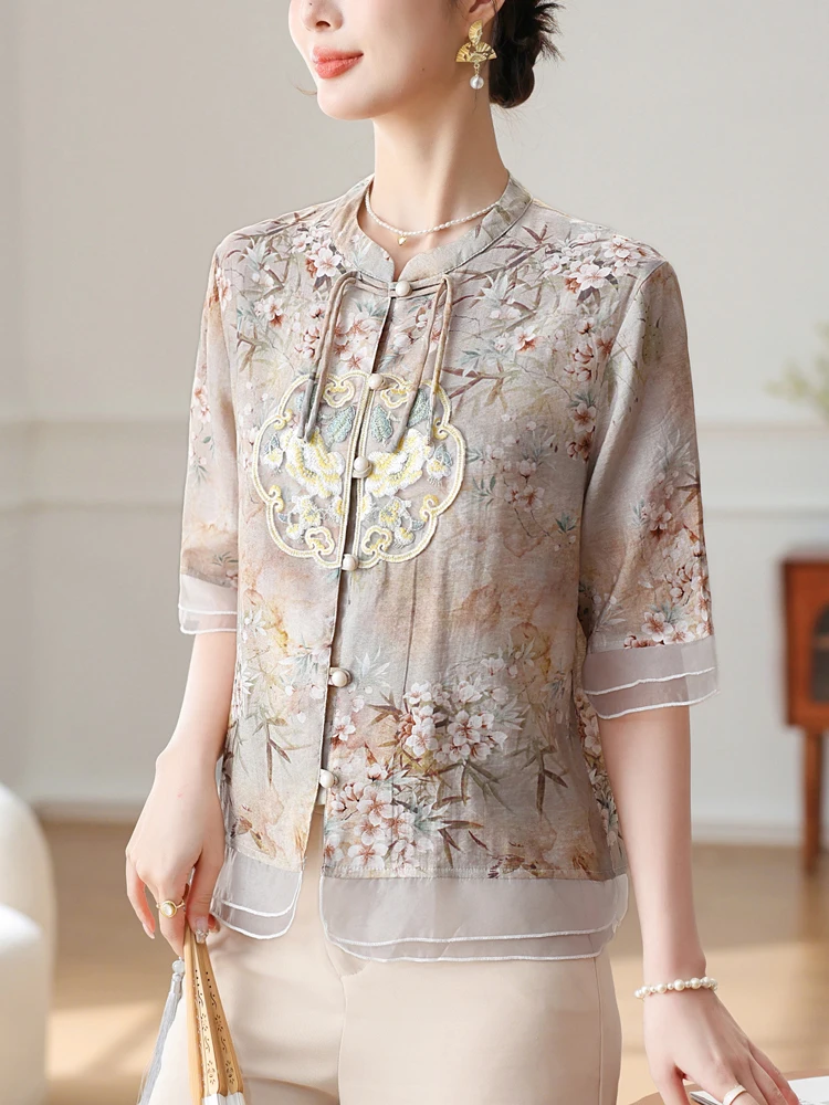 Chinese Style Print Summer Shirts & Blouses Women Short Sleeve Chiffon Clothes For Women Tees Top Single-breasted Shirt