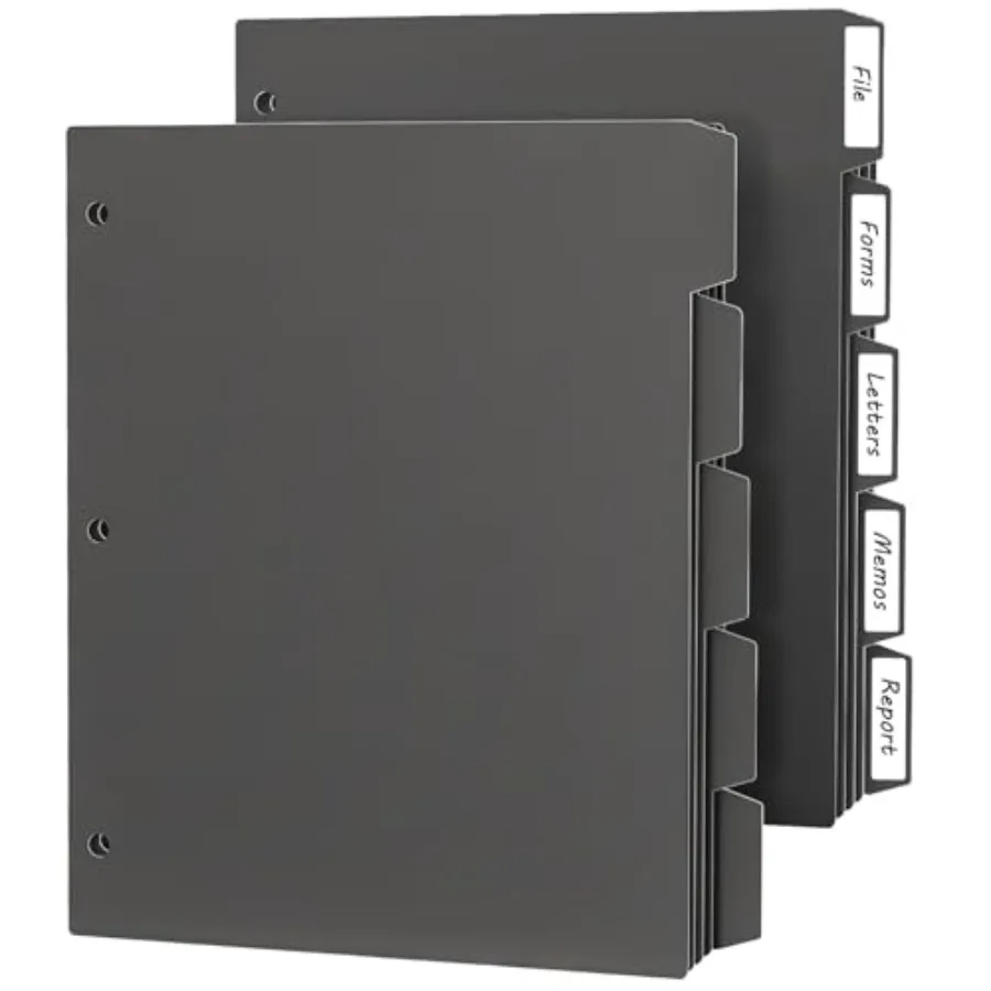 

3 Ring Binder Dividers with 5 Tabs, 10 Pcs Binder Dividers, 1/5 Cut Letter Size Plastic Black, Sheet Protectors 8.5"×11" 3 Hole