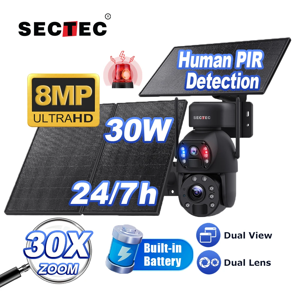SECTEC New Arrival 24/7 8MP AOV Dual Lens Dual View 20X Zoom 4G Battery Security Solar 30W CCTV Camera Speed Dome PTZ Camera