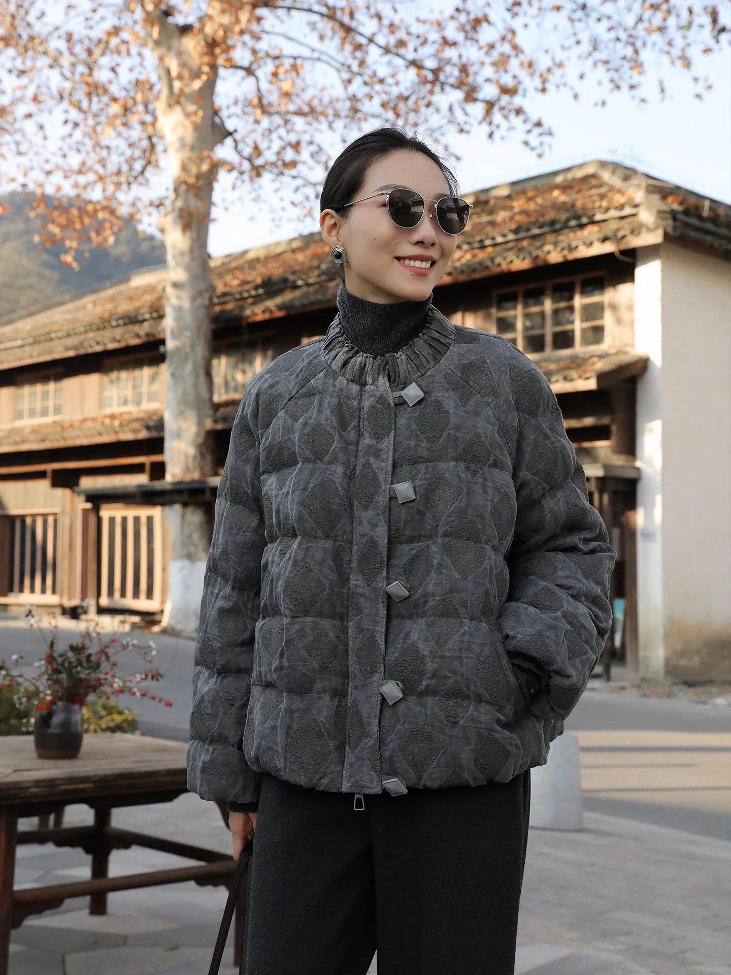 

Ey Ромбовидный узор Пуховик Jaet Женская свободная теплая верхняя одежда Длинное пальто на молнии для поездок на работу