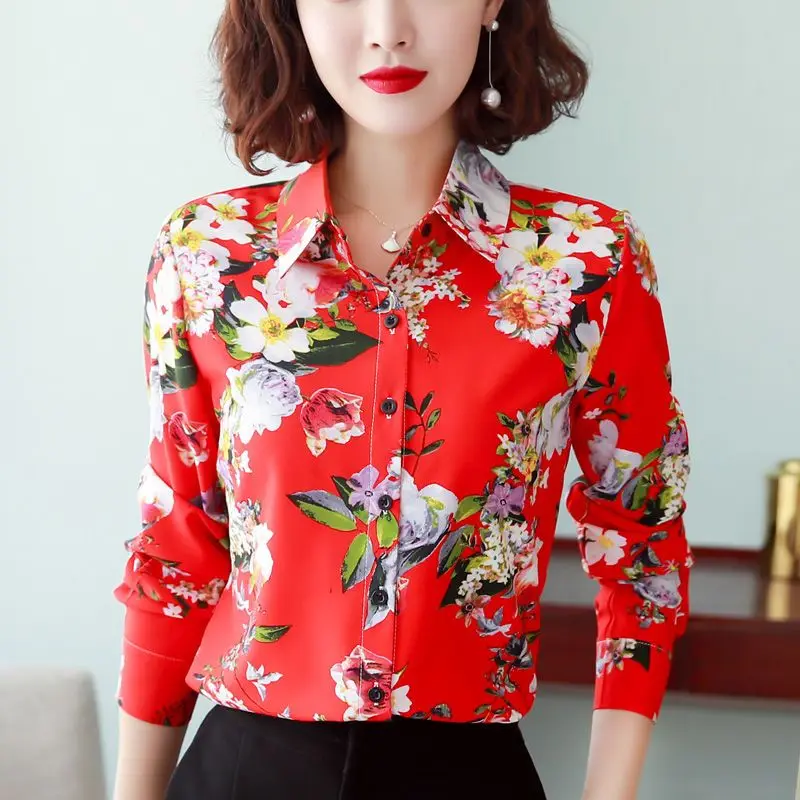 

Vintage Printed Button Asymmetrical Shirt Women's Clothing 2023 Autumn Winter Oversized Loose Elegant Tops Office Lady Blouse