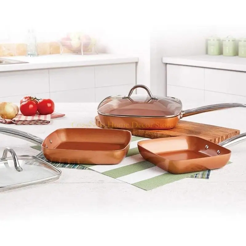 

92MF 6 Piece Copper Colored Aluminum Fry Pans Square Skillets Square Design Fry Pan for Home Cooks and Outdoors Enthusiasts