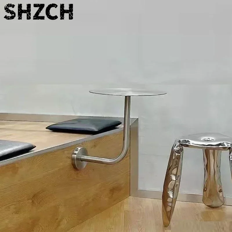 Wall Hanging Stainless Steel Small Round Table Modern Milk Tea Shop Cafe Table Simple Against The Wall Space Saving Table