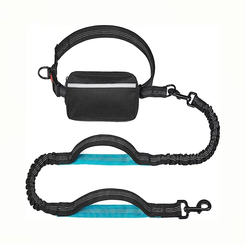

Hands-free double padded handle running dog leash with zippered bag for walking, jogging, running dog pets