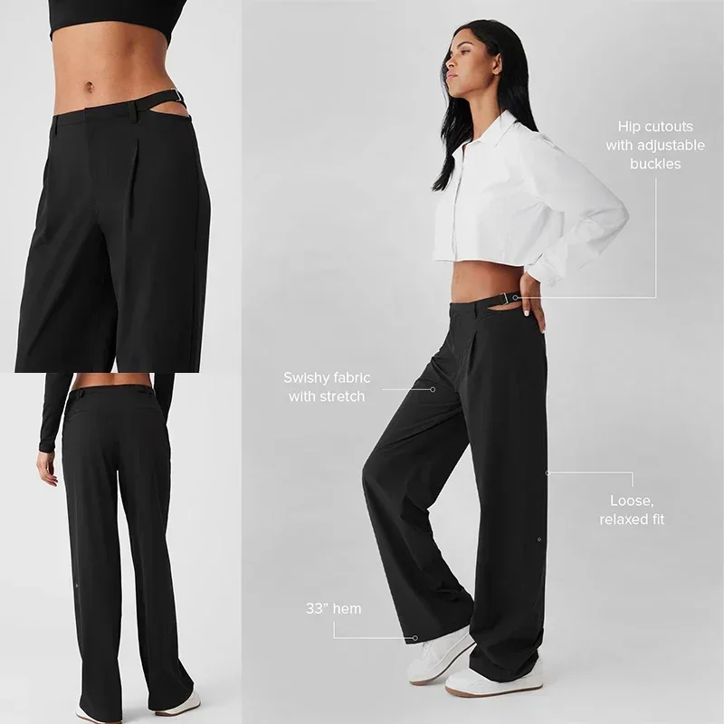 New Goddess Yoga Mid Rise Showdown Trouser Fashion Women's Hip Hollow out Suit Pants Street Adjustable Side Buckle Casual Pants