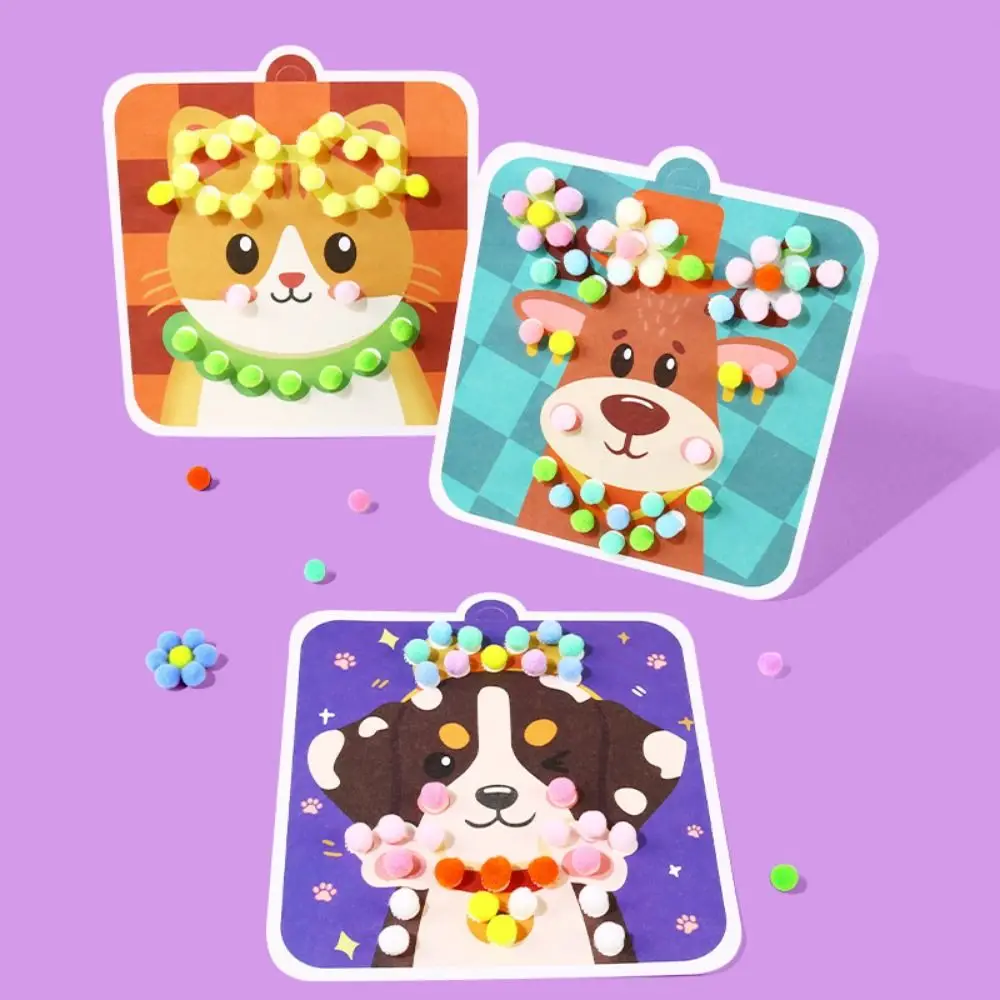 

Handmade Material Children's Sticker Book Hairball Early Learning Animal Pompom Art Kit Montessori Cartoon Pompom Crafts Toy